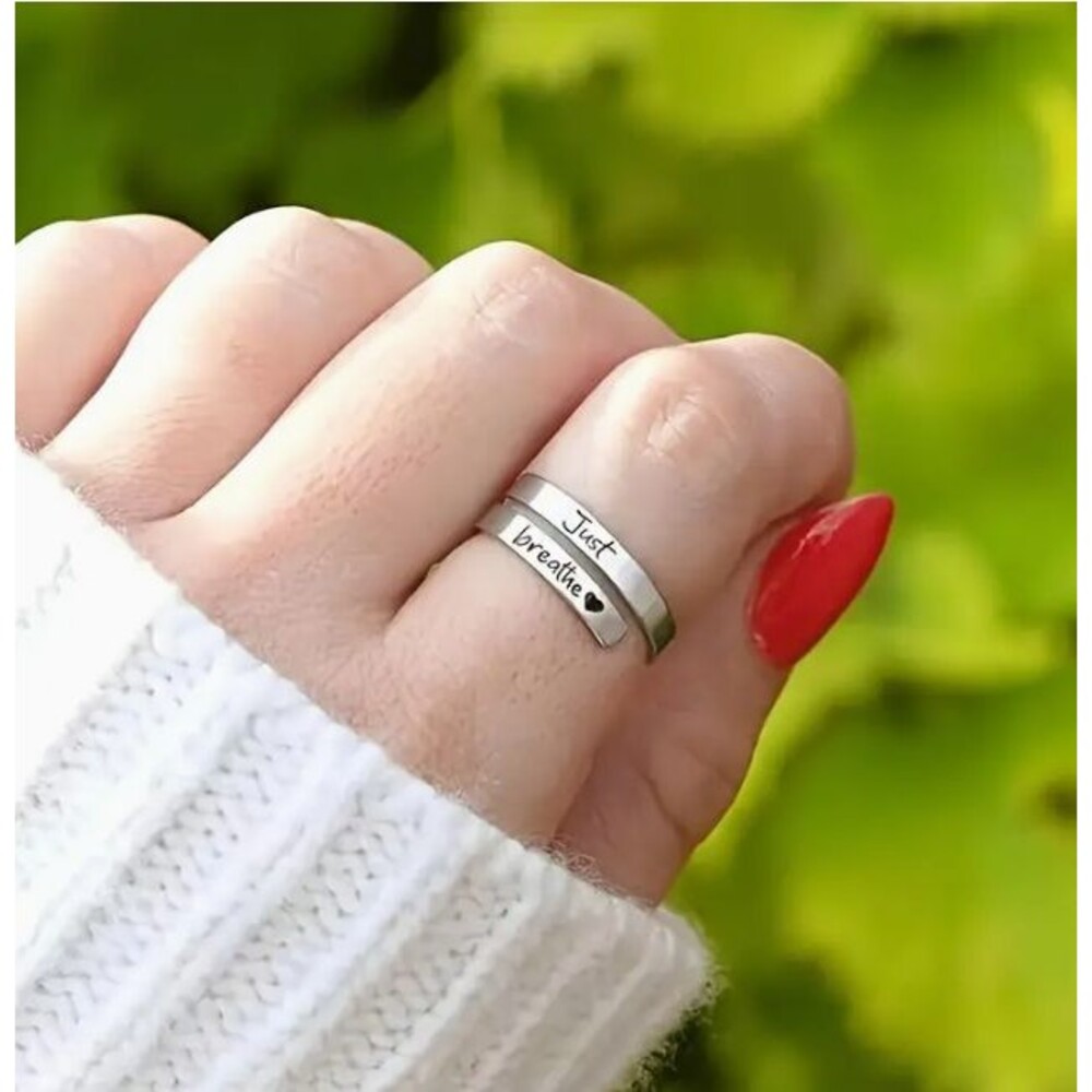 Stainless Steel Carved JUST BREATH Heart Adjustable Ring - Picture 3 of 6